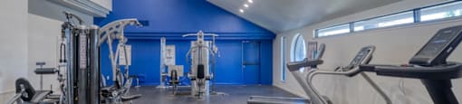 A spacious gym with treadmills, weights, and a fan.