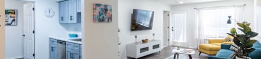 A modern living room with a dining table and chairs.