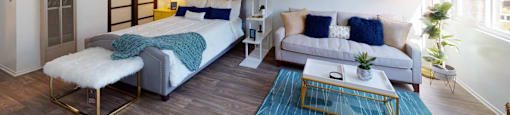 a collage of different images of a bedroom and a living room at The Marquee Apartments, North Hollywood, CA