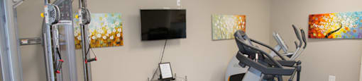 A home gym with a treadmill, a weight bench and a television.