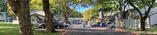 a street with trees on both sides and a red curb at Ridgecrest Timbers Apartments, Portland, OR 97203