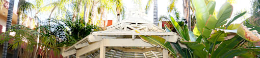 A gazebo with a table and chairs is surrounded by plants.