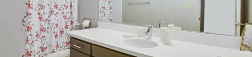 A bathroom with a white counter and a floral shower curtain.