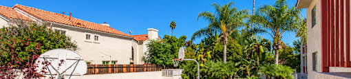 A sunny day at a residential area with a house, trees, and a basketball hoop.