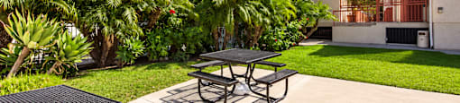 A patio with a table and chairs surrounded by greenery and a building in the background.