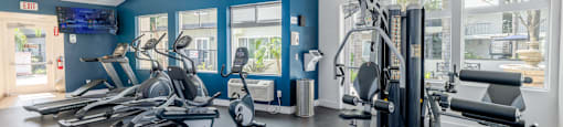 A gym with a variety of equipment including treadmills, stationary bikes, and weight machines at The Marquee Apartments, California 91605