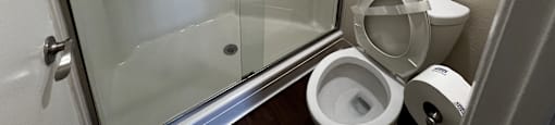 A white toilet sits next to a toilet paper roll in a small bathroom.