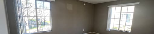 A room with grey carpet and two windows.