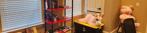 A room with a window, a bookshelf, a chair, and a stuffed animal on the floor.