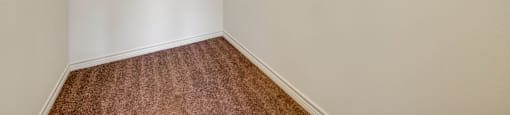 Empty room with a white wall and a brown carpet.