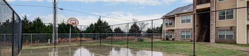 Basketball court with a basketball hoop and a basketball net.