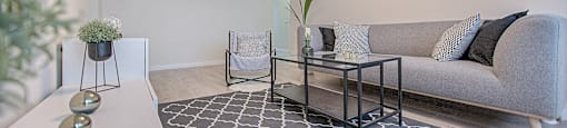 A living room with a grey couch, a coffee table, and a plant.