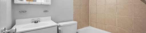 a bathroom with a sink toilet and a tub