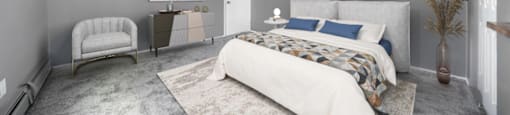 a bedroom with a bed and a chair in 44110