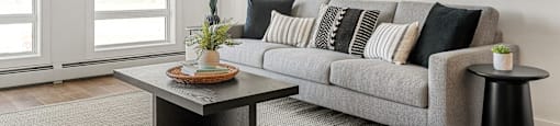 a living room with a gray couch and a coffee table