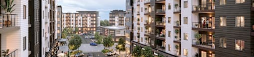 a rendering of a city street with apartments and cars on it