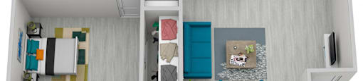 a stylized floor plan with a bedroom and living room