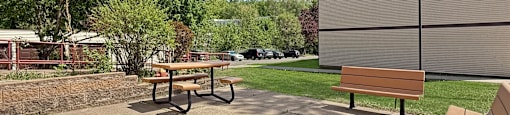 A park with a picnic table and benches.