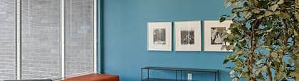 A room with blue walls and a large window with blinds.