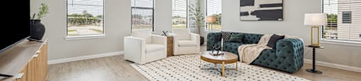 A living room with a green couch and a white rug.