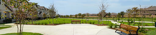 a park with benches and grass and houses in the background