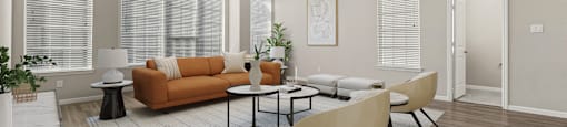A living room with a brown sofa, a white table, and a rug.