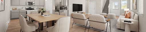 A modern dining room with a wooden table and chairs.