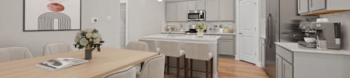 A modern kitchen with a dining table and chairs.