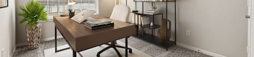 A virtual staging of a room with a desk, chair, and bookshelf.