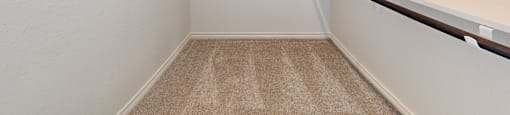 A small, empty room with a carpeted floor and a white wall.