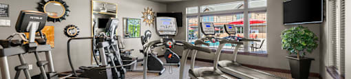 A gym with treadmills, elliptical machines, and other exercise equipment.