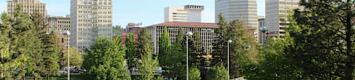 A city street with buildings in the background and a roundabout in the foreground.