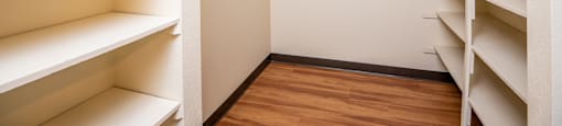 a walk in closet in a room with empty shelves