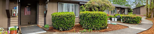 a home with a walkway and bushes in front of it