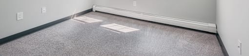 A room with a window and a carpeted floor.