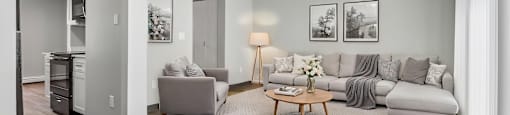 A living room with a grey couch, a coffee table, and pictures on the wall.