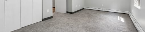 A room with grey carpet and white walls with a white door and a white wardrobe.