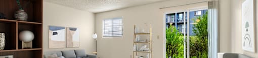 a bedroom with a bed and a couch and a living room at Eagles Landing Apartments, Everett Washington  