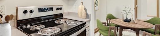 a kitchen with a stove and a dining room with a table and chairs at Sage Apartments, Washington, 98204