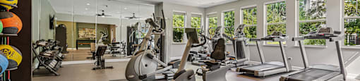 A spacious gym with treadmills, elliptical machines, and other exercise equipment.