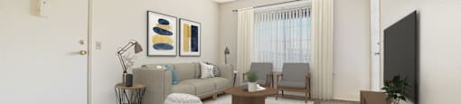 a living room with a couch and a table