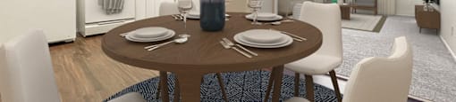 a living room and dining room with a table and chairs at Azul Apartments, Hemet, CA, 92545