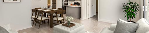 wide living room view with kitchen in background at Azul Apartments, Hemet, CA, 92545