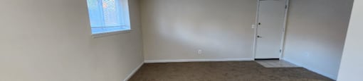 A room with a carpeted floor and a window.