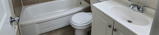 A white toilet sits next to a bathtub in a bathroom.