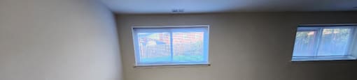 A room with carpeted floor and two windows.