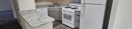 A kitchen with a granite counter top and stainless steel appliances.