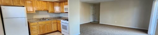 A kitchen with wooden cabinets and a white refrigerator.