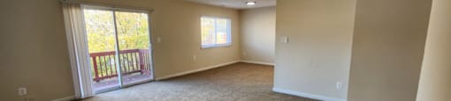 A room with carpeted floor and two windows.