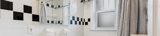 a bathroom with a sink and a mirror and a shower at The Bryant at Oak Park I & II, Illinois
